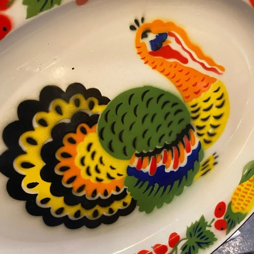 Vintage Large Enamelware Turkey Oval Platter Hand Painted Thanksgiving Decor 17.